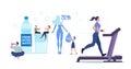 Characters Drink Water to Stay Hydrated. Tiny People at Huge Bottle and Glass with Aqua. Woman Exercising on Treadmill