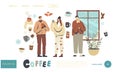 Characters Drinking Coffee Landing Page Template. Young People in Warm Clothes Hold Cup with Hot Drink near Snowy Window