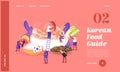 Characters Eating and Cooking Korean Cuisine Landing Page Template. People with National Fan, Tourists around Huge Dish