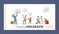 Characters Enjoy Fireworks Show Landing Page Template. Happy Family Hold Burning Sparklers, Men Launch Festive Firework