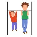 Characters for Fatheres Day. Father and son together do pull-ups on the crossbar.