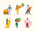 Characters with food. People holding natural products vegetables and fruits fast food junk garish vector flat people