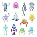 Characters of funny robots in cartoon style. Vector mascot set of androids and astronauts Royalty Free Stock Photo