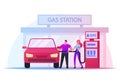 Characters on Gas Station, Man Woman Hold Filling Gun for Pouring Fuel Into Car. Petroleum Station Refueling Automobile Royalty Free Stock Photo