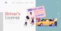 Characters Getting Driver License Landing Page Template. Tiny People Study in School with Instructor, Learning Drive Car Royalty Free Stock Photo