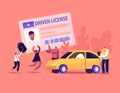 Characters Getting Driver License . Tiny Men and Women Studying in School with Instructor, Learning Drive Car, Pass Exam Royalty Free Stock Photo