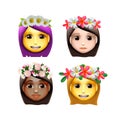 Characters girls avatars with flower on head in cartoon style, emoji icons, animoji, summer concept, emoji with wreath