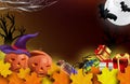 Characters Halloween pumpkins, cobweb, bats, spider, magic potion and autumn leaf. Happy pumpkins under the moonlight