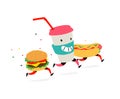 Characters hamburger, hot dog, cocktail cup. Vector. Logos for fast food. Funny illustration of food delivery. Cartoon signs, Royalty Free Stock Photo