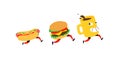 Characters hamburger, hot dog, coffee mug. Vector. Logos for fast food. Funny illustration for food delivery. Cartoon badges,