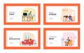 Characters at Hot Summer Landing Page Template Set. People Sweltering in Heat, Men and Women Trying to Work