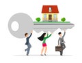 Characters carry the key of the property with the house on the key. Vector illustration of a flat style.