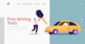 Characters Learning Drive Car,Driver License Landing Page Template. Tiny Woman Carry Huge Key, Man Sit in Automobile Royalty Free Stock Photo