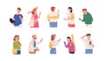 Characters looking smartphone. Happy people person mobile smart phone, human using cell phones hold device online Royalty Free Stock Photo