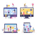 Characters making web pages. Peoples decorated websites team in business marketing scenes simple stylized vector