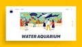 Characters in Oceanarium Landing Page Template. Parents and Kids Look at Ocean Fishes behind Glass. Children in Aquarium Royalty Free Stock Photo