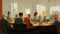 Characters, Office staff sitting at a boardroom table having a video conference meeting