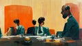 Characters, Office staff sitting at a boardroom table having a video conference meeting