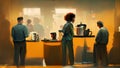 Characters, Office staff standing around talking and having a coffee in front of the coffee maker, hyper realistic