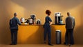 Characters, Office staff standing around talking and having a coffee in front of the coffee maker, hyper realistic