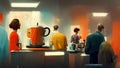 Characters, Office staff standing around talking and having a coffee in front of the coffee maker, hyper realistic