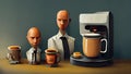 Characters, Office staff standing around talking and having a coffee in front of the coffee maker, hyper realistic