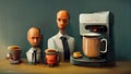 Characters, Office staff standing around talking and having a coffee in front of the coffee maker, hyper realistic