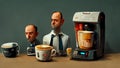 Characters, Office staff standing around talking and having a coffee in front of the coffee maker, hyper realistic