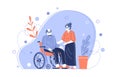 The characters of an old couple. Grandmother takes care of an elderly grandfather in a wheelchair. Helping the elderly