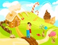 Characters people couple, sweet love, gingerbread house, sugar field, ice cream, cartoon vector illustration