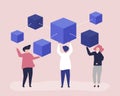 Characters of people holding a blockchain network illustration