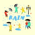 Characters People Walking in the Rain. Cartoons in Raincoats with Umbrella. Autumn Rainy Weather, Fall Season