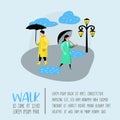 Characters People Walking in the Rain Poster, Banner. Cartoons with Umbrella. Autumn Rainy Weather, Fall Season