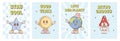 Characters Planet Earth, Star, Mushroom and Sun in retro groovy style. Set of Funky cute posters. Vintage vector art Royalty Free Stock Photo