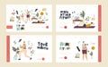 Characters Practicing Fitness at Home at Quarantine Landing Page Template Set. Men and Women Exercise, Sports Lifestyle