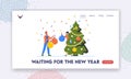 Characters Preparing for New Year and Xmas Celebration Landing Page Template. Happy Man and Woman Decorating Tree Royalty Free Stock Photo