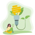 Characters reduce energy consumption. Use energy saving light bulb Royalty Free Stock Photo