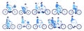 Characters riding bicycles, outline people on bikes. Flat cyclists ride bicycle, eco friendly transportation riders vector