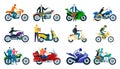 Characters riding motorcycles and scooters, motorbike riders. Men and women driving motorcycles, delivery man on scooter