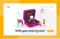 Characters Romantic Proposal Landing Page Template. Men Asking Women to Marry Standing on Knee at Huge Engagement Ring