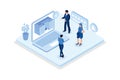 Characters searching and choosing apartment or house for renting or buying. Property market concept, isometric vector modern