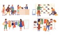 Characters shopping. People at retail store or supermarket with grocery bags and carts. Vector happy cartoon friends and