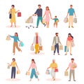 Characters with shopping set. People with paper bags and trolley returning from market family returns grocery