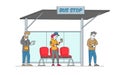 Characters Stand on Bus Station. Woman with Coffee Reading Message on Smartphone, Businessman Watching on Watches