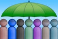 Diversity and inclusion concept displayed with multi-colored characters standing side-by-side, beneath an umbrella.