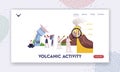 Characters Studying Volcano Eruption Landing Page Template. Scientists Stand at Volcano Cross Section Erupting Lava