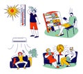 Characters in Summer Time Hot Period Concept. Sweltering in Heat Young and Aged People Sitting on Sofa Use Fans