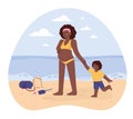 Characters in a swimsuit spending time on the beach. Pregnant woman