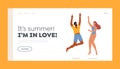 Characters in Swimwear Rejoice Landing Page Template. Jump. Happy People Jump with Hands Up, Celebrating Beach Party