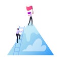 Characters Take New Height. Business Team Climbing Up of Mountain. Businessman Stand on Ladder, Businesswoman with Flag